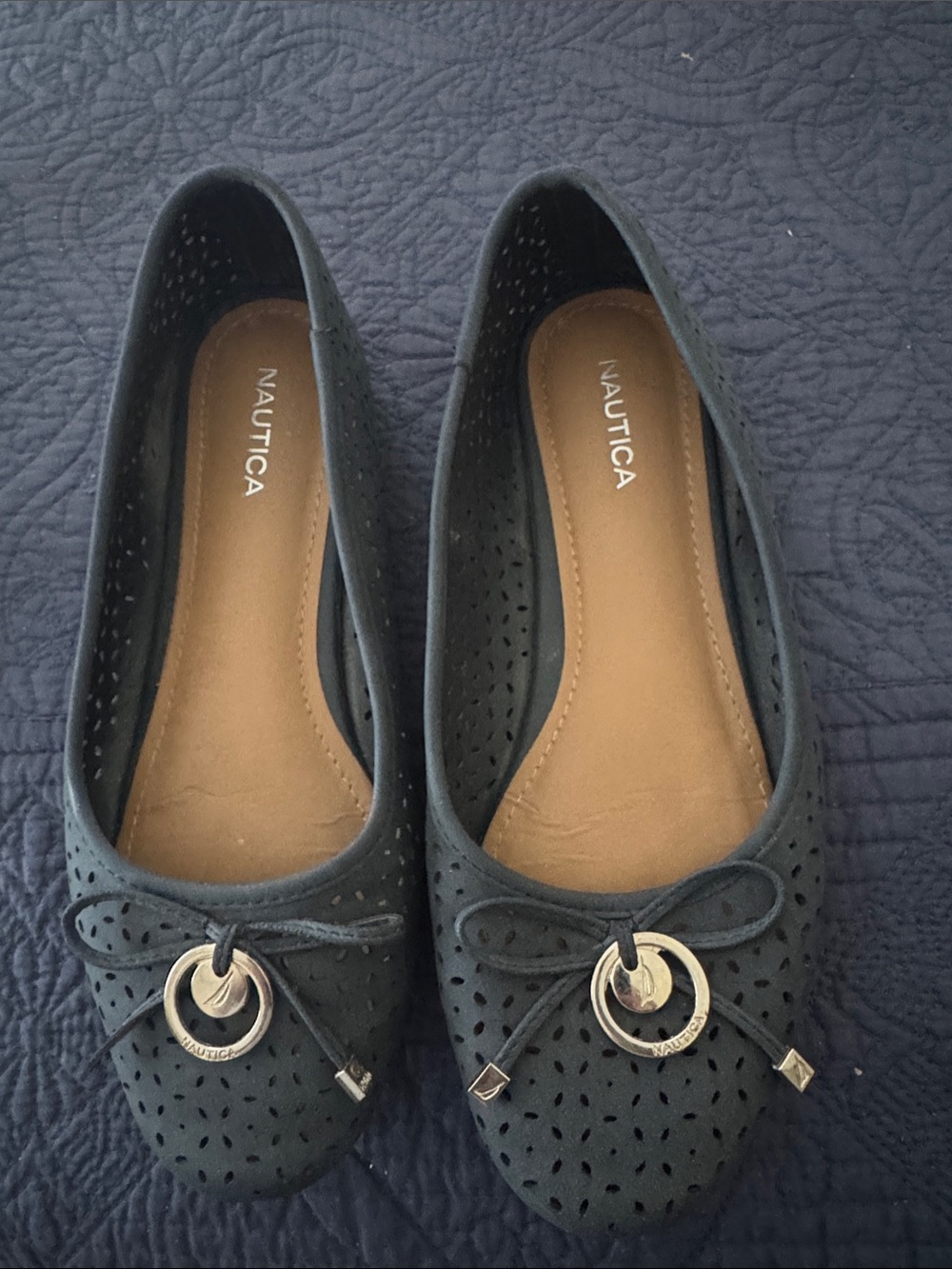 Nautica Women's Blue  Perforated Loafer Flats with Bow and Silver Accents